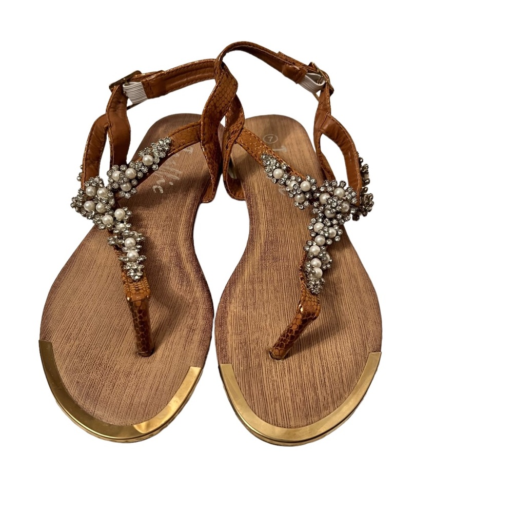 Traffic Tan Embellished T-Bar Sandals Size 7
